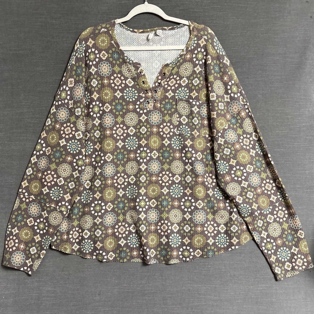 Cato Top 26/28W Green Floral Tunic Waffle Thermal Fall Boho T Shirt Long Sleeve